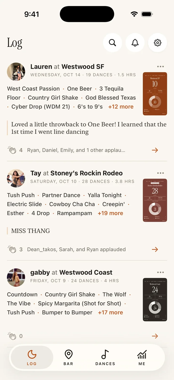 The Log tab feed: Lauren at Westwood SF, Tay at Stoney's Rockin Rodeo, then Gabby