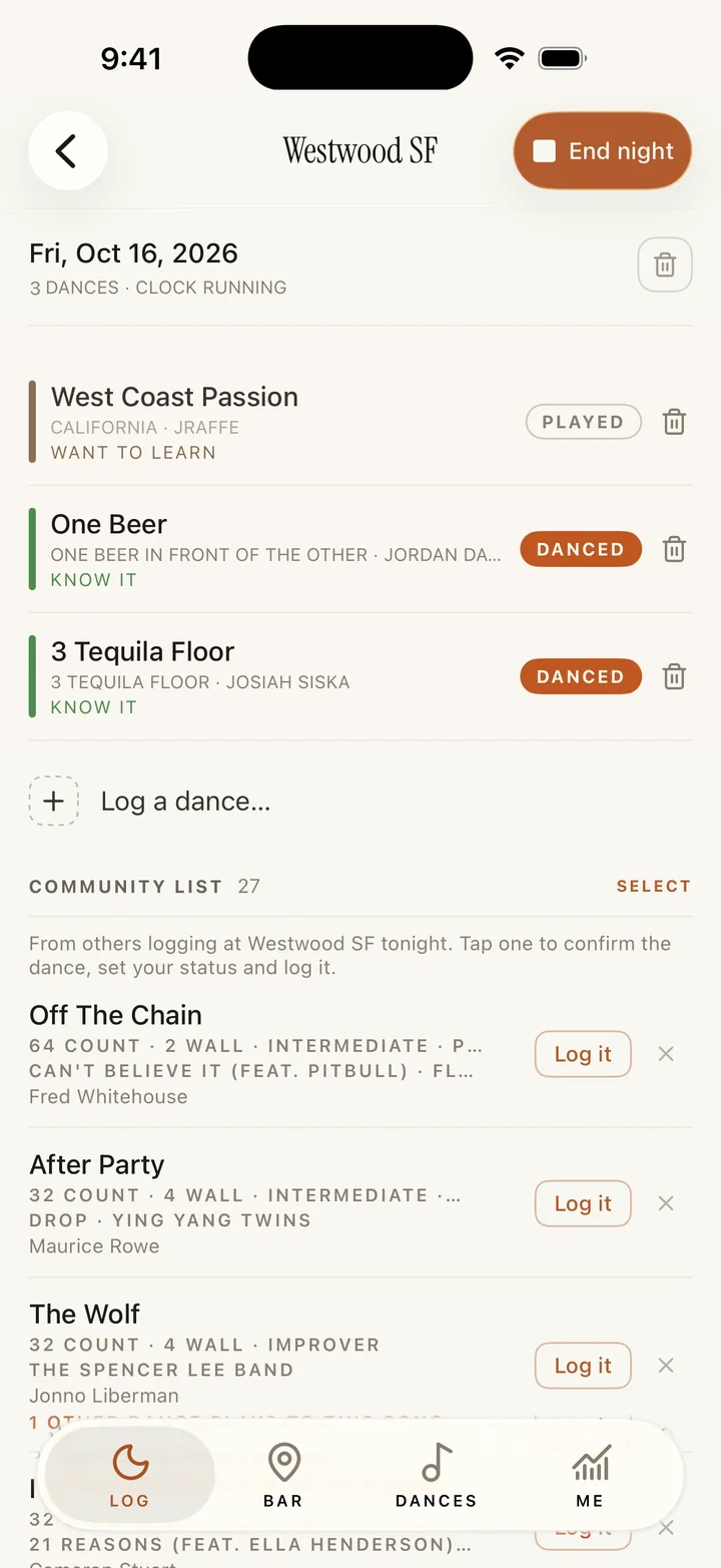 Live at Westwood SF: three dances logged so far, then the community list of what others are logging tonight