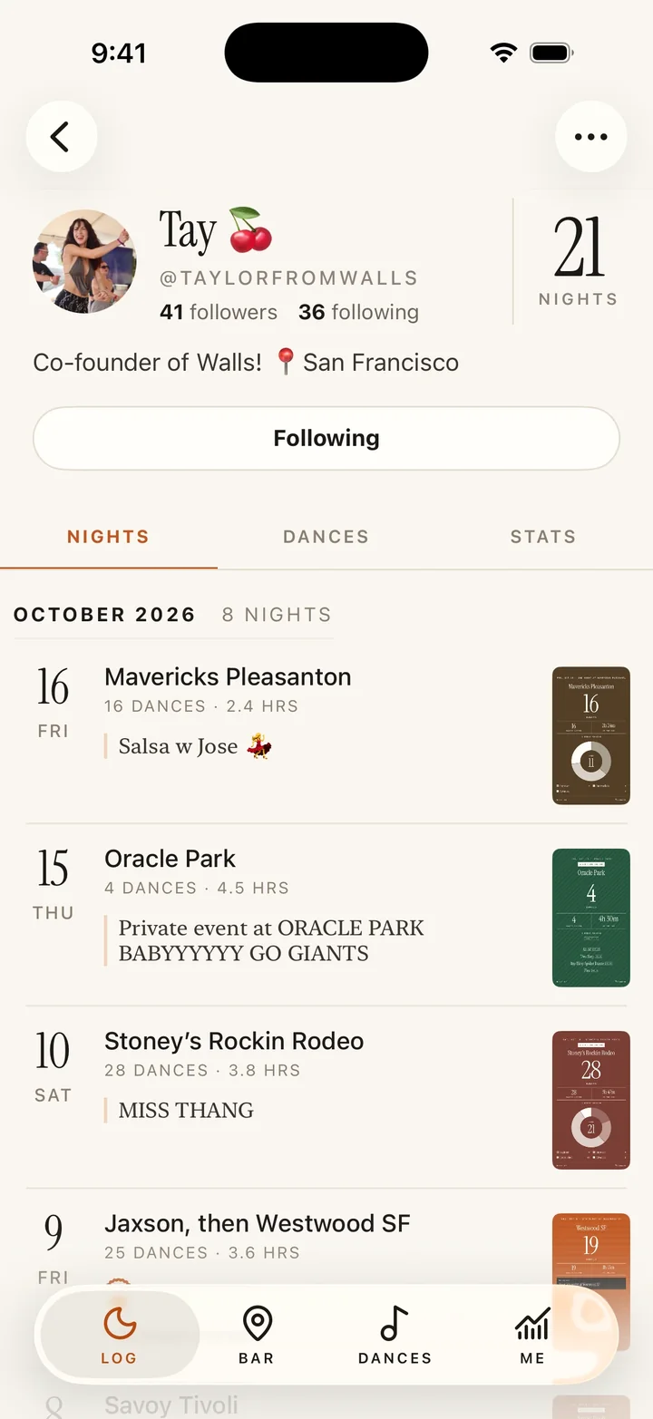 Tay's profile: co-founder of Walls, 21 nights